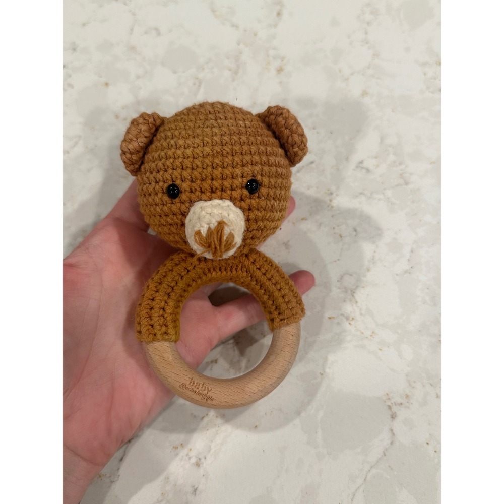 Baby Rockstars Crochet Bear Wooden Ring Rattle‎ Teddy Sensory Toy Montessori